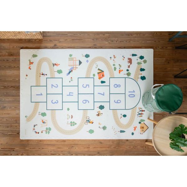 Tapis puzzle, boîte de rangement & mini maison - Marelle